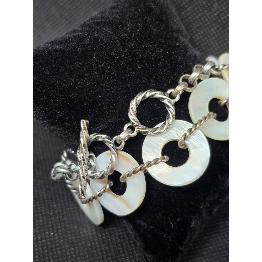 Mother of Pearl Shell Disc Link Bracelet Silver Tone Rope Chain Toggle Clasp